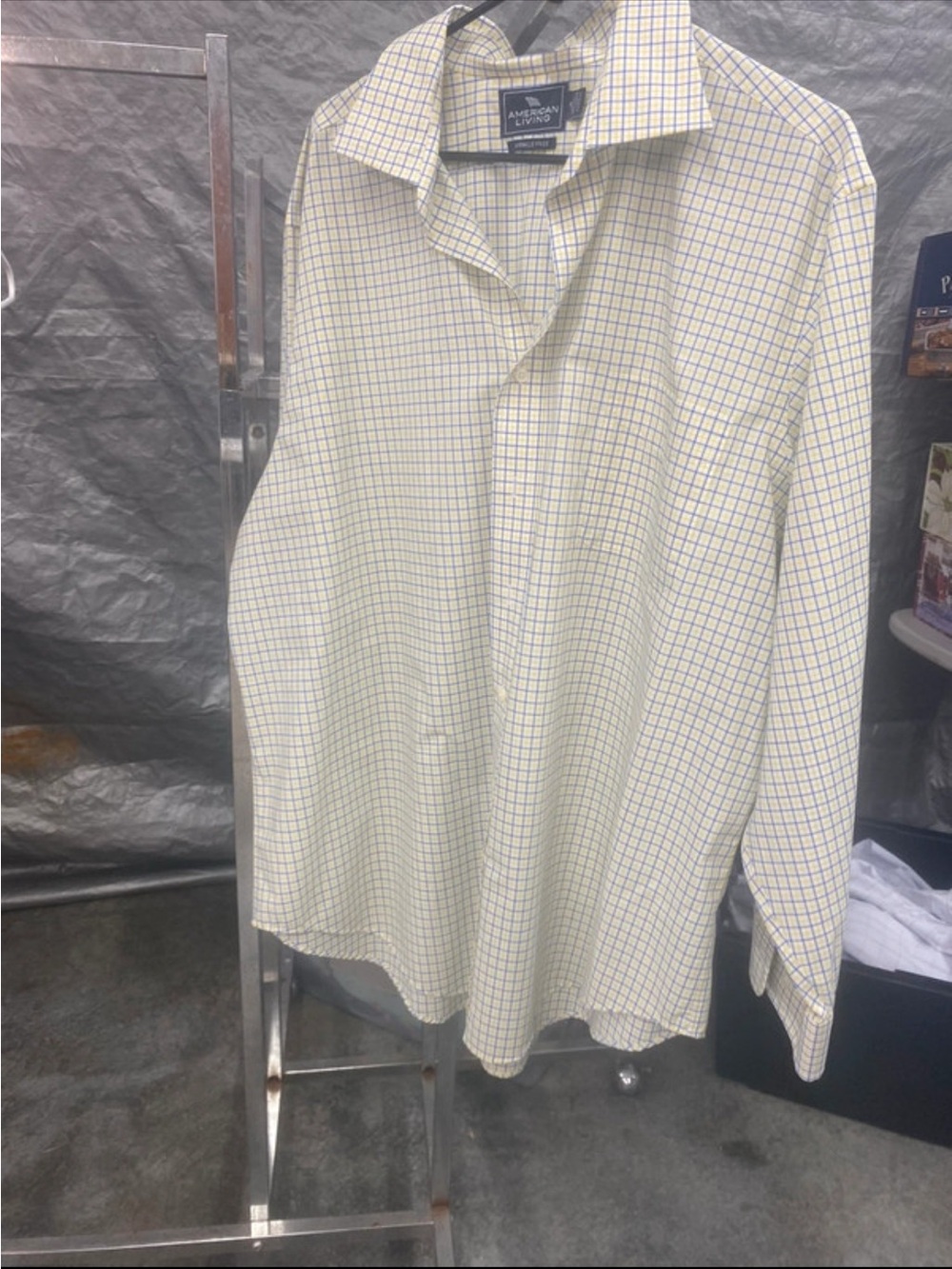 American Living Cream Dress Shirt with Blue Windowpane Check